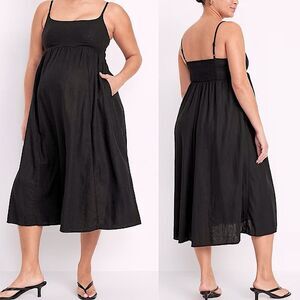 Old Navy Maternity Cami Midi Dress black linen smocked back empire waist L